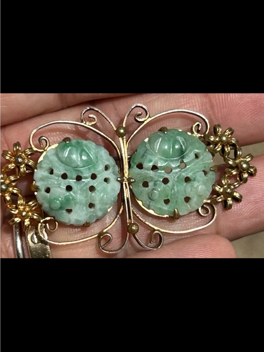 Chinese Export Gold Vermeil Filigree Silver Carved Jade Jadeite butterfly pin
